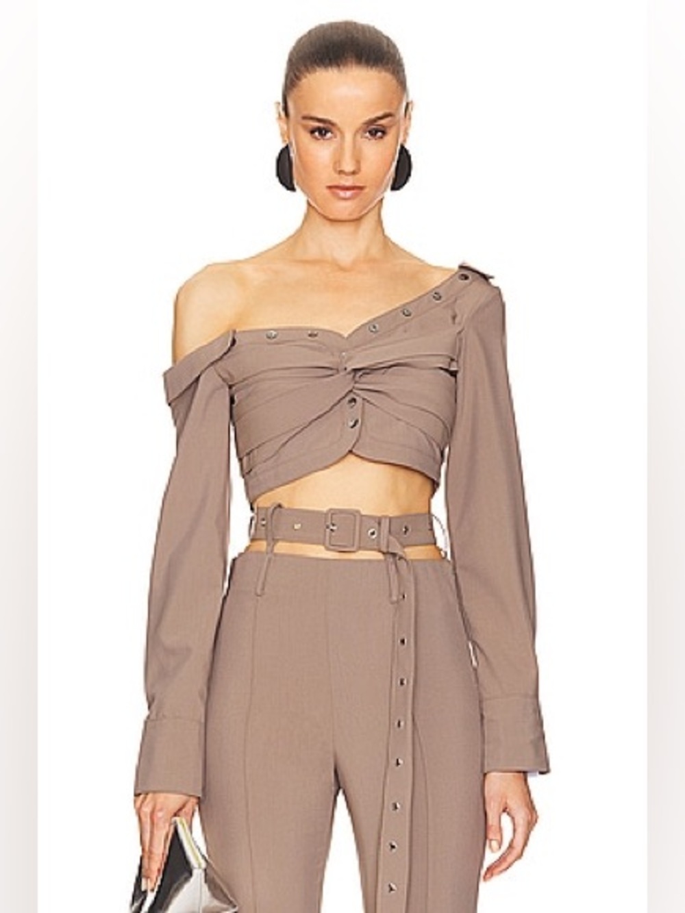 Rokh Asymmetric Twist Crop Blouse in Taupe